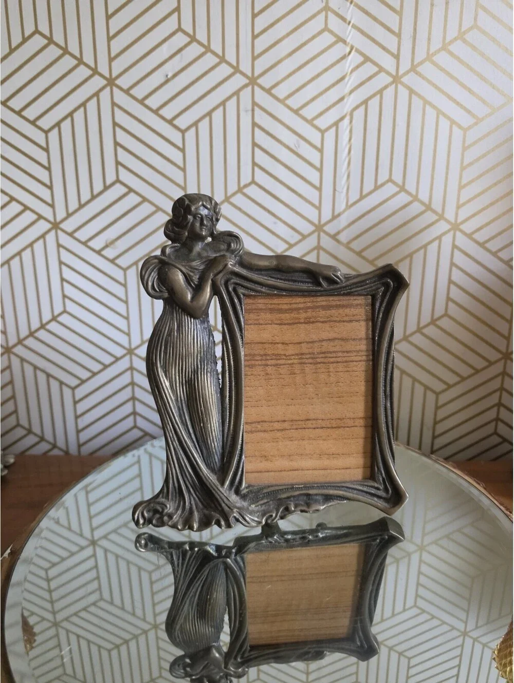 Vintage Brass Art Deco Style Metal Frame with Stand Art Nouveau Hula Tiki Girl